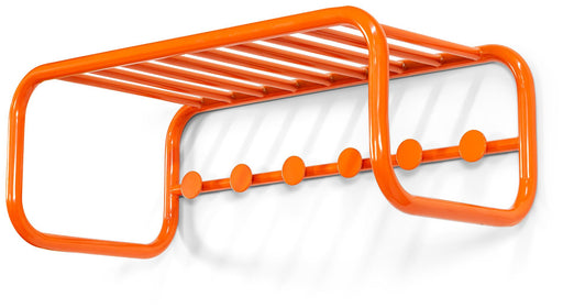 Spinder Retro Stahl-Garderobe in Orange mit Wandablage und fünf Kleiderhaken, Gesamtansicht von vorne.