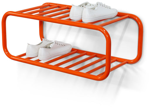 Spinder Retro Schuhregal Stahl 70er Jahre Stil in Orange mit zwei Ebenen, Gesamtansicht.