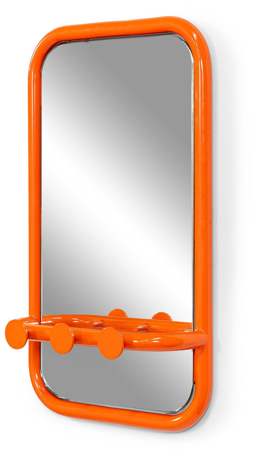Spinder Retro Spiegel Stahl mit 3 Haken in Orange, rechteckiger Rahmen, Gesamtansicht.