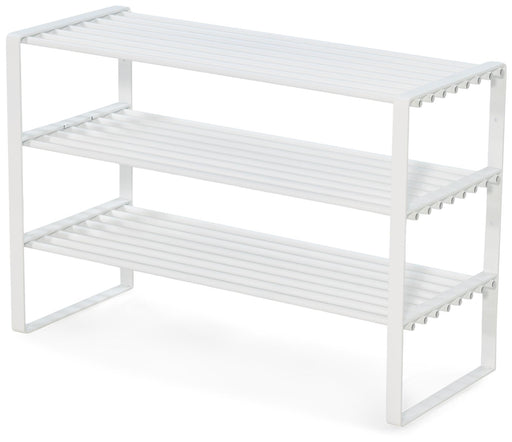 Spinder REX SR 2 Stahl Schuhregal in weiß mit drei slatted Ablagen in Gesamtansicht.
