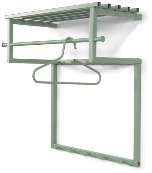 Spinder RIZZOLI Stahl-Garderobe in Grün mit Kleiderstange, Hutablage und Wandhaken, Gesamtansicht.