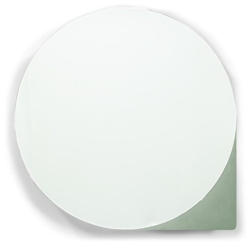 Spinder SONNET Spiegelschrank mit rundem Spiegelglas und grünem Stahlgehäuse in Gesamtansicht.