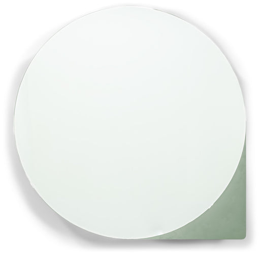 Spinder SONNET Large Stahl Spiegelschrank mit rundem Spiegelfront und grünem Seitenelement, Gesamtansicht.
