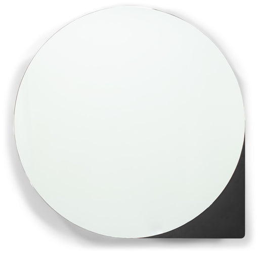 Spinder SONNET Large Stahl Spiegelschrank mit rundem Spiegelblatt und schwarzem Unterschrank in Gesamtansicht.