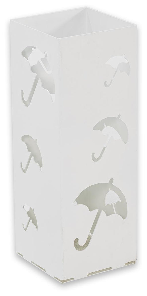 Schirmständer STORM Regenschirmhalter in Weiß mit ausgestanztem Regenschirm-Motiv, Gesamtansicht.