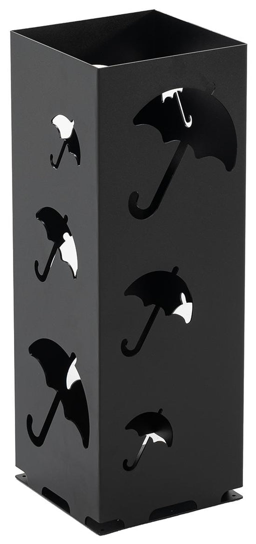 Schirmständer STORM Regenschirmhalter mit schwarzer Stahl-Säule und Regenschirm-Silhouetten in Schwarz/Weiß, Gesamtansicht.