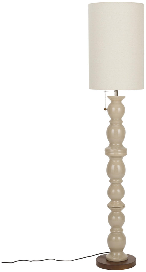 Zuiver Stehlampe Brew mit gedrechseltem Keramikgestell in Beige und zylindrischem Leinenschirm, Gesamtansicht.
