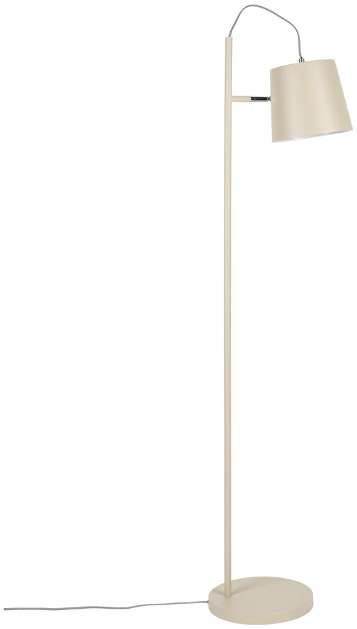 Stehlampe Buckle Head Beige mit gebogenem Arm und cremefarbenem Schirm in Gesamtansicht.