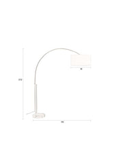 Technische Zeichnung der Bogenlampe Archie Gold mit Maßangaben: 212 cm Höhe, 182 cm Breite und 50 cm Lampenschirmtiefe.
