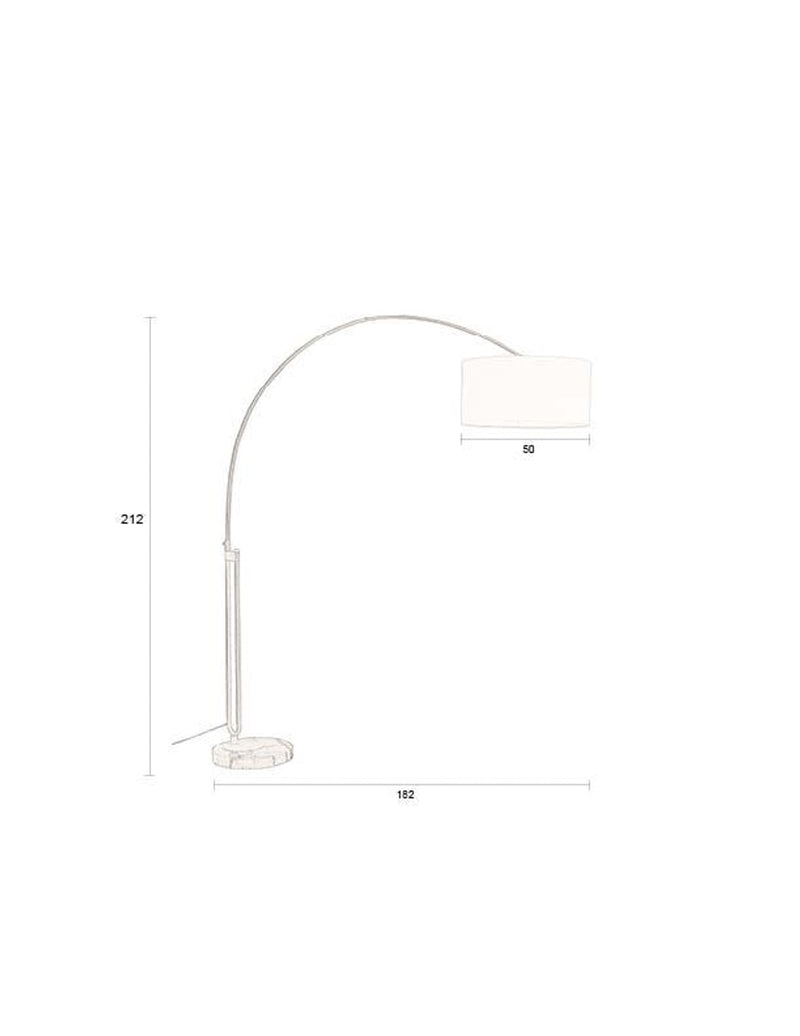 Technische Zeichnung der Bogenlampe Archie Gold mit Maßangaben: 212 cm Höhe, 182 cm Breite und 50 cm Lampenschirmtiefe.