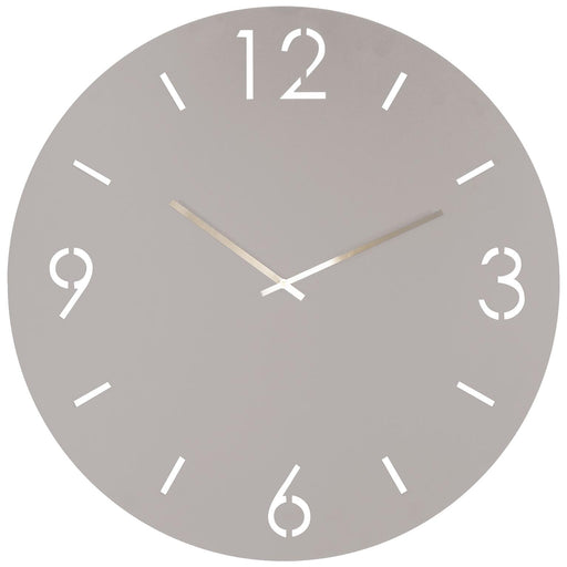 Spinder TIME Ø 60 Wanduhr mit grauem Zifferblatt, weißen Ziffern und metallischen Zeigern in Gesamtansicht.