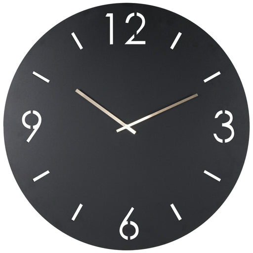 Spinder TIME Ø 60 mit schwarzem Zifferblatt, weißen Zahlen und Stundenstrichen sowie metallischen Zeigern in Frontansicht.