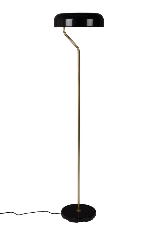 Stehlampe Eclipse Black mit geschwungener Messingarmatur, schwarzem Schirm und runder Standfläche in Gesamtansicht.