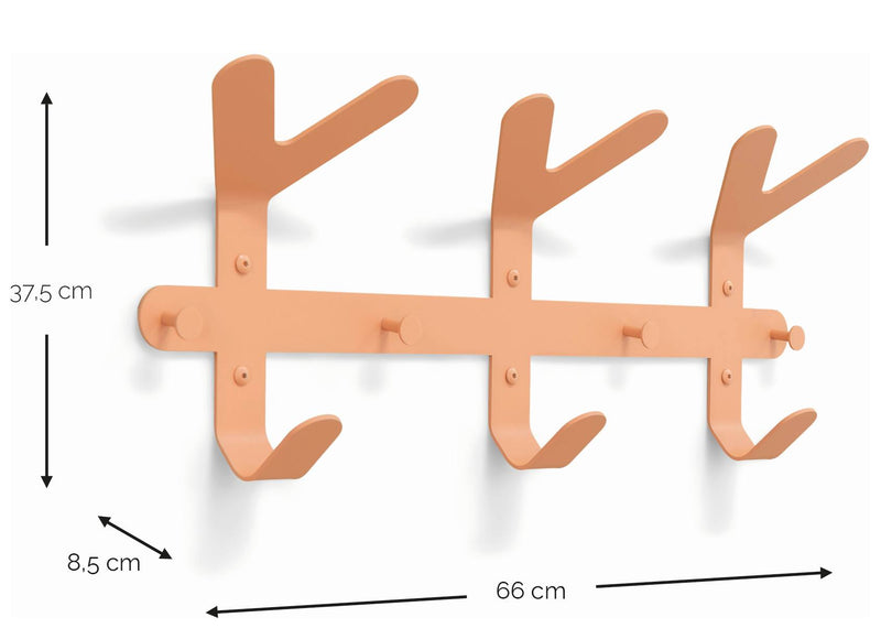 Wandgarderobe in Lachsrosa mit drei Haken und drei Knöpfen, Maße 37,5 cm hoch, 66 cm breit, 8,5 cm tief