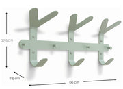 Grüne Garderobe mit drei Hakenpaaren und drei Knöpfen, Maße 37,5 cm hoch, 66 cm breit, 8,5 cm tief