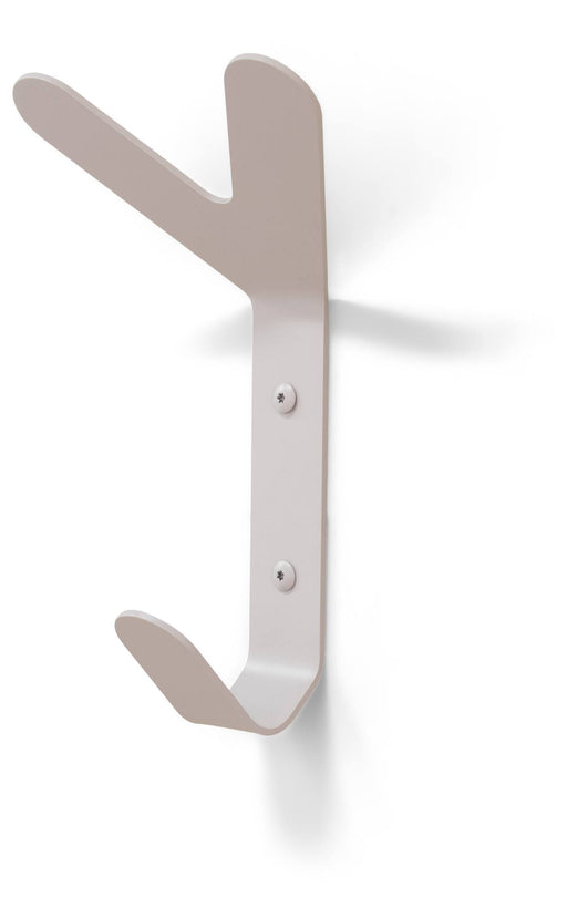 Beigefarbener Wandhaken mit zwei Armen, an der Wand befestigt mit zwei Schrauben