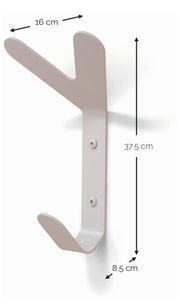 Beigefarbener Wandhaken mit zwei Haken und Maßen von 16 cm Breite, 37,5 cm Höhe und 8,5 cm Tiefe