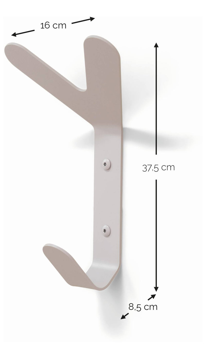 Beigefarbener Wandhaken mit zwei Haken und Maßen von 16 cm Breite, 37,5 cm Höhe und 8,5 cm Tiefe