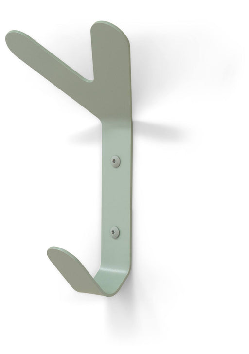 Grüner Wandhaken aus Metall mit zwei Haken und sichtbaren Schrauben