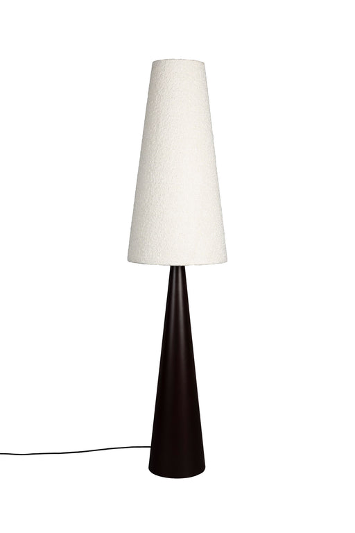 Stehlampe Miki Bouclé mit konischem schwarzem Eisengestell und creme-weißem Stoffschirm, Gesamtansicht.