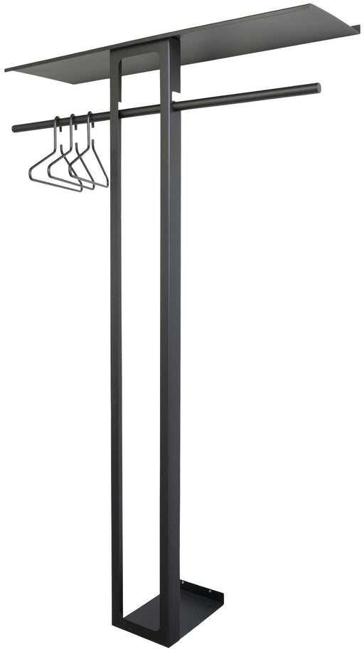 Spinder LUNO LARGE 100 Garderobe in Schwarzmetall mit horizontaler Ablage und seitlicher Kleiderstange, Gesamtansicht.