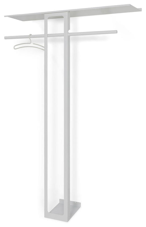 Spinder LUNO LARGE 100 Garderobe mit oberem Tablar, zwei Kleiderstangen und Mittelständer in Gesamtansicht.