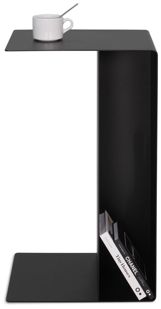 Spinder SLIDE High Beistelltisch in Schwarz mit offener Ablage, Gesamtansicht von vorne.