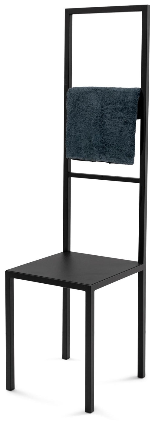 Spinder Dressboy Stahl Skandinavisch Modern in Schwarz, Gesamtansicht mit Sitzfläche und Handtuchstange.