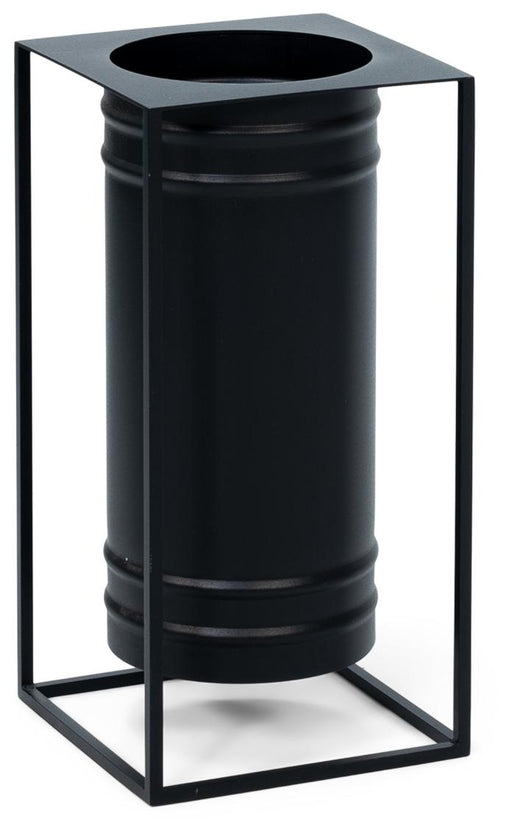 Spinder DRIP Regenschirmhalter mit schwarzem Zylinder in offener Stahlrahmenkonstruktion, Gesamtansicht.