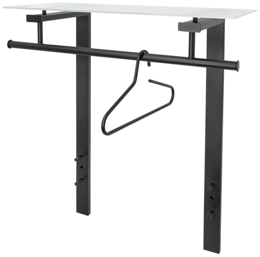 Spinder DUTCH Garderobe mit weißer Glasplatte, schwarzem Stahlgestell und horizontaler Kleiderstange in Gesamtansicht.