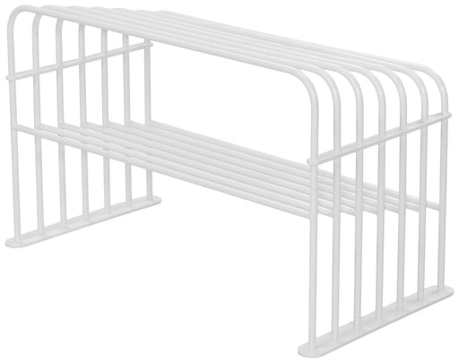 Spinder GRID 70 Schuhregal in Weiß mit geschwungenen Seitenelementen und horizontalen Ablageflaechen, Gesamtansicht.