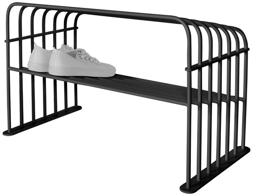 Spinder GRID 70 Stahl Schuhregal in schwarzem Metall mit einer Ablage, frontal fotografiert.
