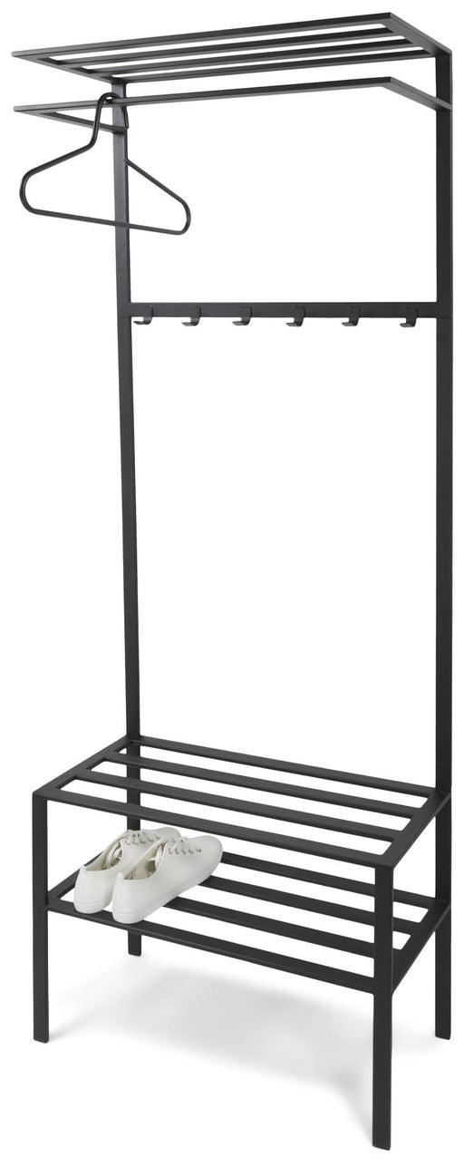 Spinder IVAR 2 Garderobe in Schwarz mit oberem Ablagerost, seitlichem Kleiderstab und unterem Schuhfach in Gesamtansicht.