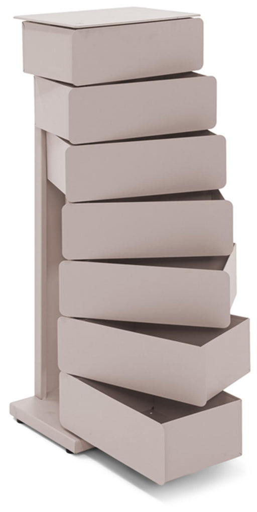 Gesamtansicht des Spinder JOEY 7 Dresser mit sieben gestapelten, ausziehbaren Schubladen in Silky Taupe.