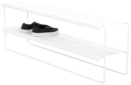 Spinder NIVO 100 Schuhregal in Weiß mit zwei offenen Ablagen und minimalistischem Stahlrahmen, Gesamtansicht.