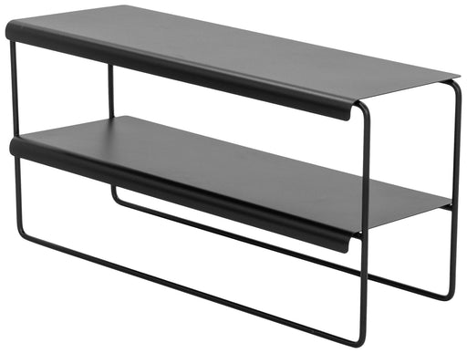 Spinder NIVO 70 Stahl Schuhregal mit zwei schwarzen Ablagen und geschwungener Stahlrahmen-Konstruktion in Gesamtansicht.