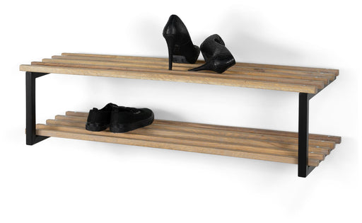 Spinder RIZZOLI/Marco XL Schuhregal mit zwei Holzablagen und schwarzen Stahlbeinen, Gesamtansicht von vorn mit Schuhen.