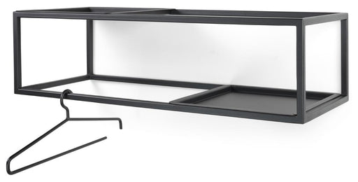 Spinder STRATO 80 Garderobe mit schwarzem Stahlrahmen in Gesamtansicht von schräg vorne, Kleiderbügel im Vordergrund.