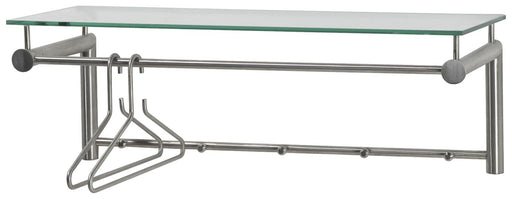 Spinder SUZA 5 Garderobe mit Glasablage oben, Edelstahlgestell und Kleiderstange mit haengenden Baegeln, Gesamtansicht.