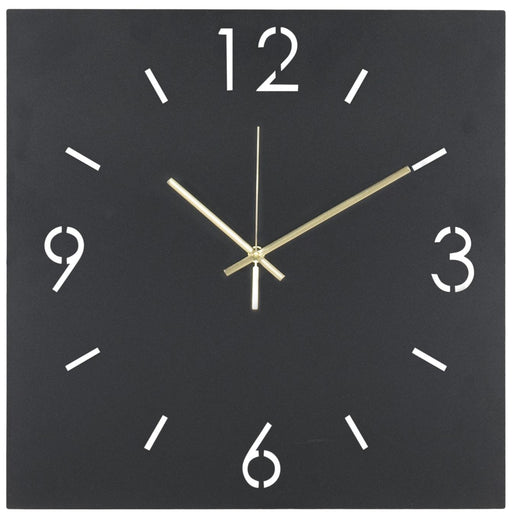 Spinder TIME Uhr mit quadratischem schwarzem Zifferblatt, weißen Markierungen und goldfarbenen Zeigern.
