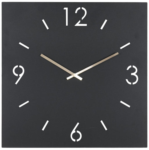 Spinder TIME Uhr mit quadratischem Zifferblatt in Dunkelgrau, weißen Zahlen und beige-farbenen Zeigern in Gesamtansicht.