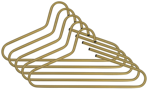 Fünf Spinder VICTORIE Kleiderbügel aus Stahl in Gold mit minimalistischem Design, gestapelt übereinander.