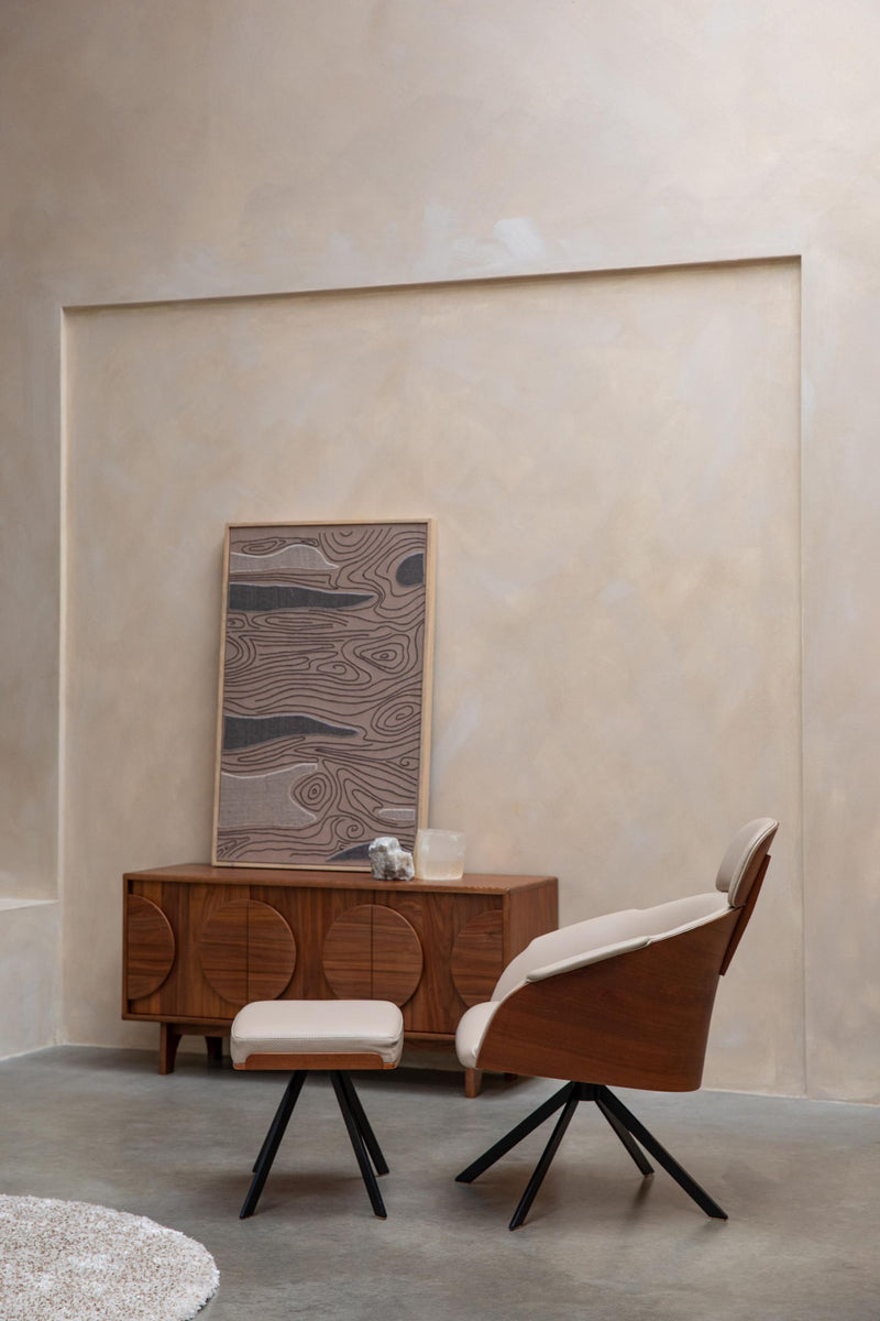 Hocker Frie | Eleganter Hocker in Lederoptik & Walnussfurnier
