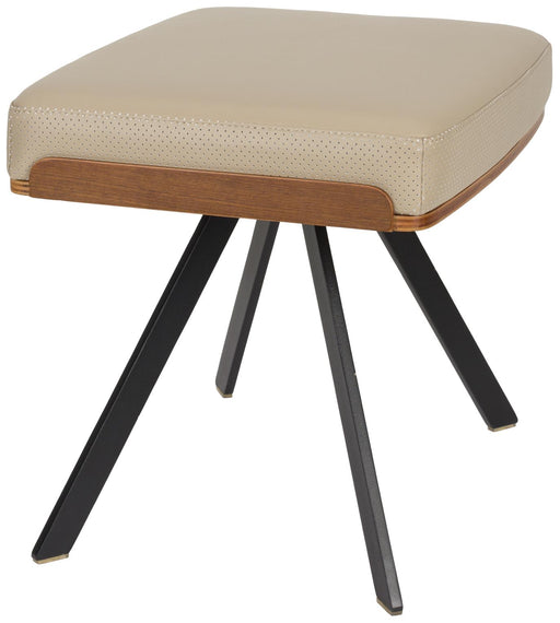 Hocker Frie mit beigem Bezug, Walnussfurnier-Einfassung und schwarzem Metallgestell in Gesamtansicht.