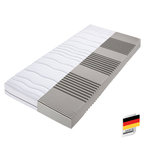 Dream Flex: 7-Zonen-Komfortschaummatratze 18 cm in Gesamtansicht mit weißem Bezug und grauem Schaumkern.