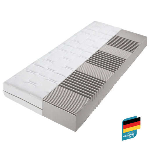 Grandmaster Luxus-Matratze 26 cm in Gesamtansicht mit weißem Bezug und Schnittdarstellung der grauen Schichtkonstruktion.