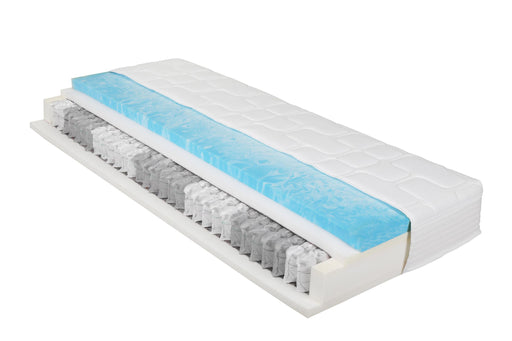 Royal Plus Top 26 cm: Detailansicht der Schichtstruktur mit blauem Gel-Topper und Federkern-Querschnitt.