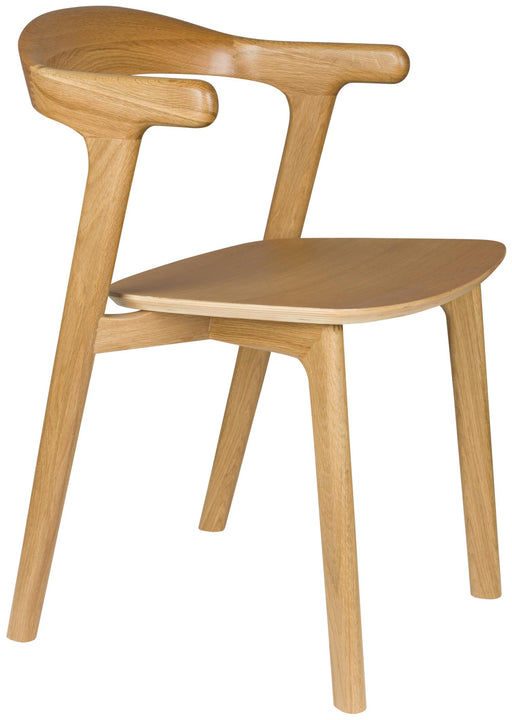 Esszimmerstuhl Northwood aus Eiche in Natur, Gesamtansicht mit geschwungener Rückenlehne und hellem Holzgestell.