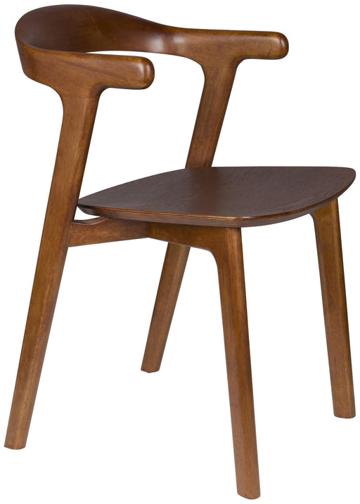 Esszimmerstuhl Northwood Walnuss in Gesamtansicht mit geschwungenem Holzrückenlehne und dunkler Sitzfläche.