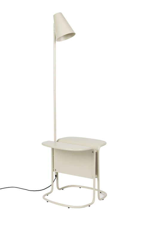 Stehlampe Lustor Beige mit integriertem Tisch und verstellbarem Metallschirm, Gesamtansicht.